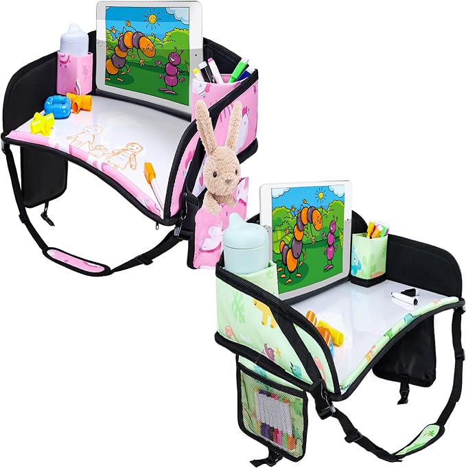 Kids Travel Tray for Toddler Car Seat, Road Trip Activities for Kid | Toddler Car Activities with iPad Holder Stand, Roadtrip Essentials with Dry Erase Board & Cooler Cup Holder, 2PC by WENRENER
