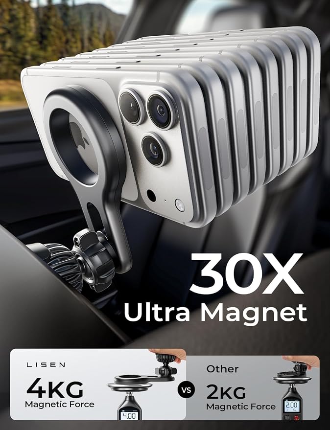 LISEN Upgraded for MagSafe Car Mount, Super Magnetic Phone Holders for Car Air Vent Car Phone Holder Mount, Car Magnet Phone Mount, Magnetic Car Phone Holder for iPhone 17-12 Series, Carbon Fiber | Upgraded Strongest Magnet Power, Metal Hook Clip, 360 ... - Image 3