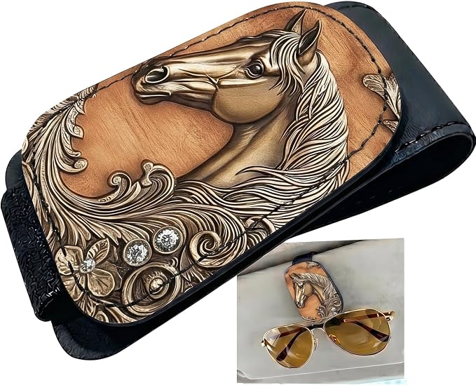 Horse Car Sunglasses Holder Universal Magnetic Visor Accessories | Mighty Horse Cars Accessories Leather Glasses Clip for Sun Visor Eyeglass Hanger Organizer for Women and Men Gifts Decor by TRXYQ
