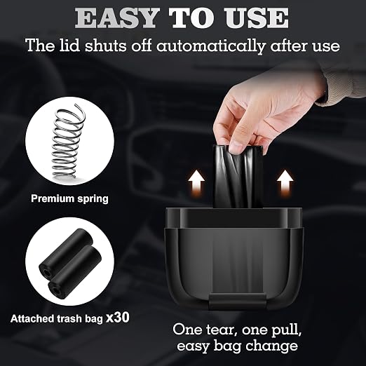 1 Pack Car Trash Can with Lid, Built-in Storage Garbage Bag, Black | Leakproof Car Door Trash Can with Hook, 30pcs Trash Bags, Mini Automotive Garbage Bin for Vehicle, Office, Home - Image 5