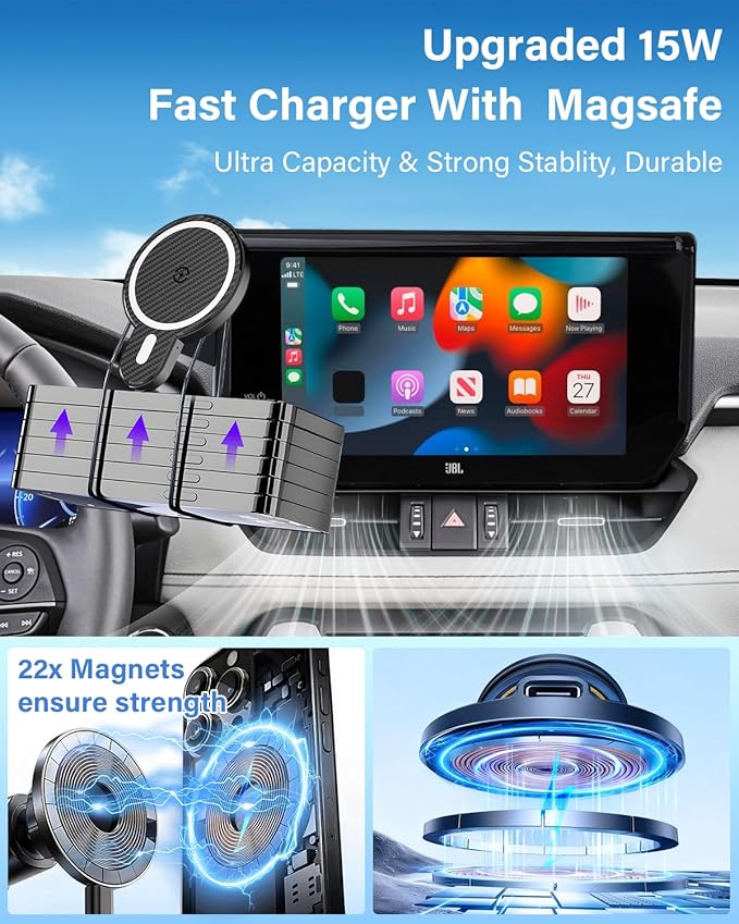 PZK Car Phone Holder for Toyota Avalon/Hybrid 2019-2022 9-Inch Screen | Strong Magnetic 15W Fast Wireless Charger Car Phone Mount with Magsafe Fixed Clip 360° Rotation Not Affect Vent Hands-Free - Image 4