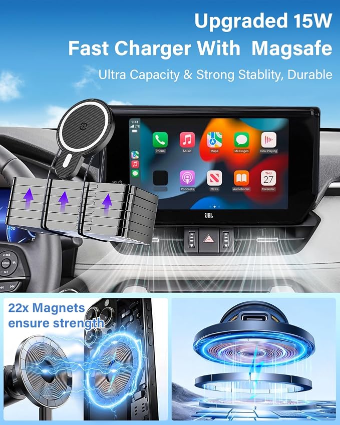 PZK Car Phone Holder for Toyota Prius 2023-2025 2026 Accessories 12.3-Inch | Strong Magnetic 15W Fast Wireless Charger Car Phone Mount with Sunglasses Storage Box 360° Rotation Magsafe Phone Stand - Image 4