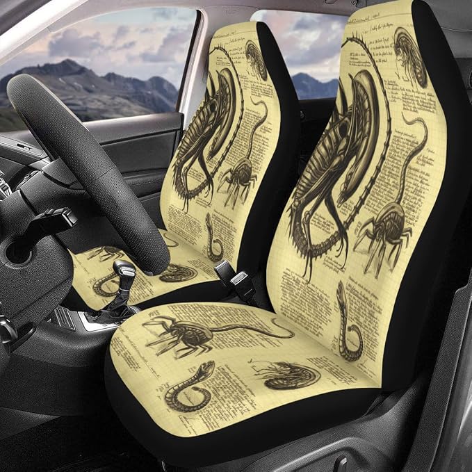 GENANY Vintage Alien Sketch Car Seat Covers, 2-Piece Front Seat Set | 2-piece polyester front seat cover set, each 49.5 x 19.6 inches, with adjustable straps and hooks - Image 3