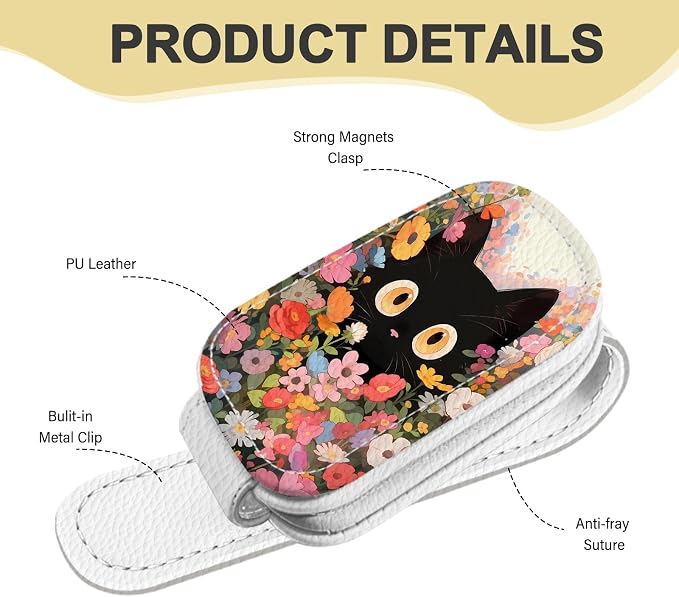 2 Pack Magnetic Leather Sunglass Holder, Universal Magnetic Car Eyeglass Hanger Clip for Different Size Eyeglasses, Car Visor Accessories (Flower Cat) - Image 2