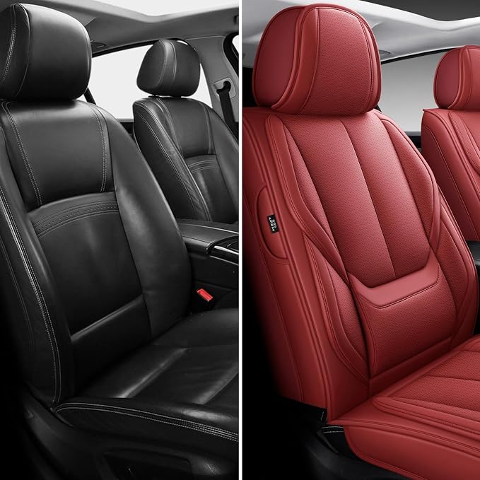 MINGBRON Front Car Seat Covers, Leather Car Seat Covers, Fit for Most Cars SUV and Most Sedan Red - Image 2