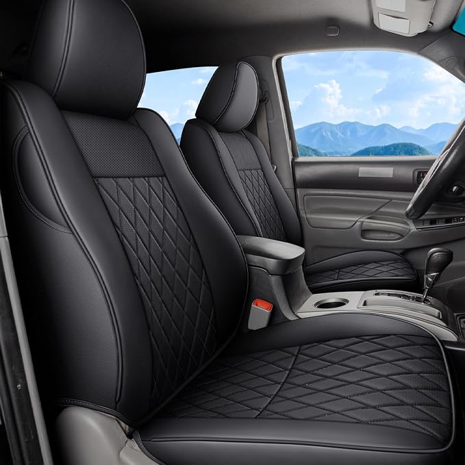 Coverado Tacoma Seat Covers, Car Seat Covers Front Seats, Leather Seat Covers for Cars Car Seat Protector Cushion Tacoma Accessories Custom Fit 2005-2023 Toyota Tacoma Double/Crew Cab(Black) by COVERADOAUTO