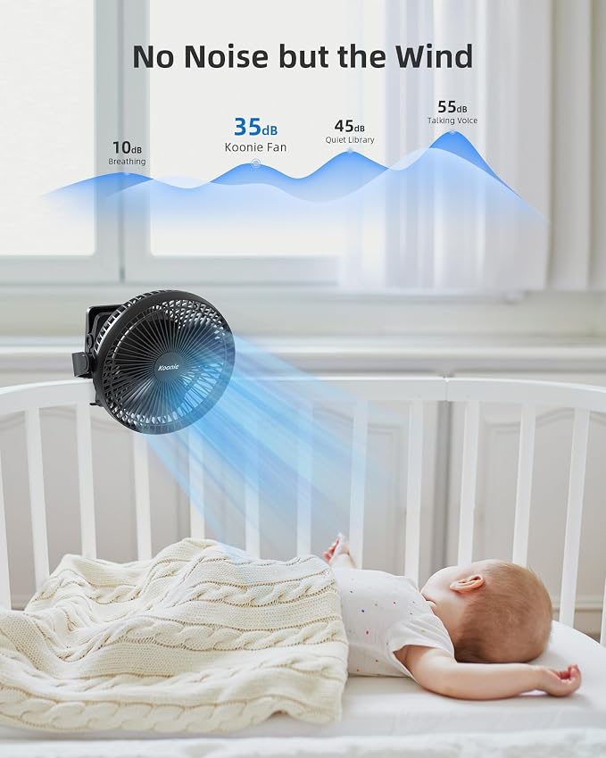 Koonie 8" Clip on Fan, 10000mAh Rechargeable Battery, Strong Airflow | 4 Speeds, Sturdy Clamp, Ideal Portable USB Desk Fan for Office, Golf Cart, Camping, Travel, Tent, Outdoor, Treadmill & Gym - Image 6