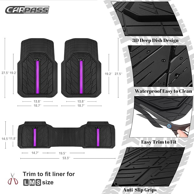 CAR PASS Rubber Floor Mats for Cars, Car Mats Full Sets DeepDish,Universal S~L Size Trim-to Fit Automotive Floor Mat for Truck Van SUV, Heavy Duty Waterproof All-Weather Floor Liners Black Purple - Image 3