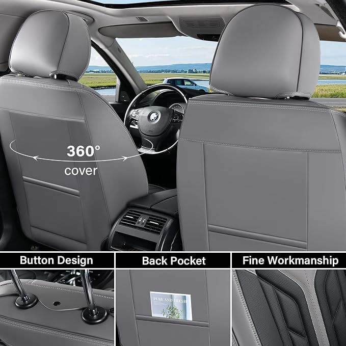 Coverado Car Seat Covers Full Set, Automotive Seat Covers Car Seat Protector Car Seat Cushion, Waterproof Leather Seat Covers for Cars, Universal Fit for Most Sedans SUV Pick-up Truck(Gray&Black) - Image 2