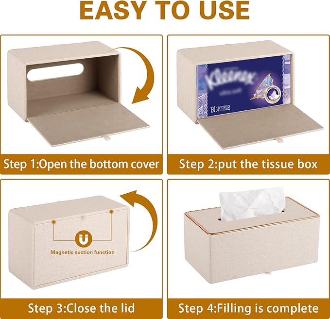 Tissue Box Cover Rectangle Tissue Box Holder PU Leather Facial Organizer with Magnetic Bottom,Decorative Napkin Caddy for Vanity Dresser Night Stand Table Countertop Home Office Car,Beige - Image 5