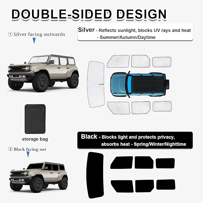 KMF Thicken Sun Shades for Ford Bronco 4Door(Not for Sport) 2021-2026 | Car Window Covers Sunshade for Windshield Side, UV Block and Privacy Blackout for Camping Outdoor Accessories - Image 5
