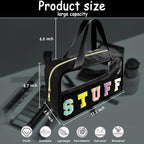 Chenille Letter Clear Makeup Bag Stuff Patch, Travel Toiletry Makeup Bag with Handle, Nylon Waterproof Makeup Bags clear cosmetic bag, preppy patch makeup bag for Women (STUFF-Black) - Image 2