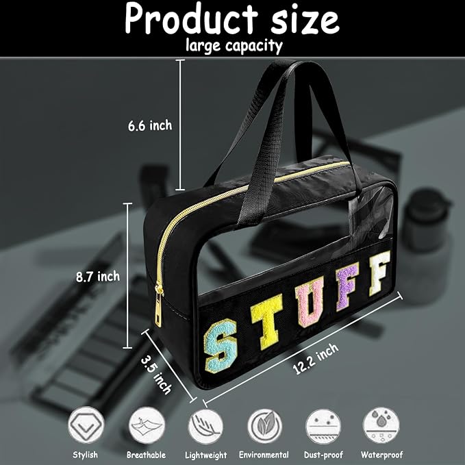 Chenille Letter Clear Makeup Bag Stuff Patch, Travel Toiletry Makeup Bag with Handle, Nylon Waterproof Makeup Bags clear cosmetic bag, preppy patch makeup bag for Women (STUFF-Black) - Image 2
