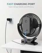 Xasla 10000mAh Portable Clip on Fan, 8 inch, Rechargeable Battery, Black | 24 Hours Work Time, 4 Speeds, Ideal USB Fan for Golf Cart, Outdoor Camping, Travel, Home, Office, Treadmill - Image 6