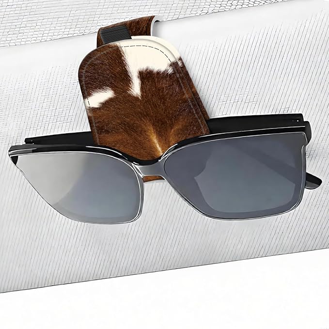 Leather Magnetic Sunglass Holder for Car Sun Visor, Cute Eyeglass Ticket Card Hanger Clip, Universal Auto Interior Accessories for SUV Pickup Truck, Cow Print by Unknown