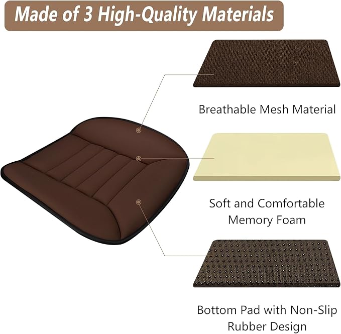 MYFAMIREA Car Seat Cushion Pad 1.2" Thick Comfort Protector for Car Driver Seat Office Chair Home Use Memory Foam Cushion with Non Slip Bottom, 20'' x 18.5'', Coffee - Image 6