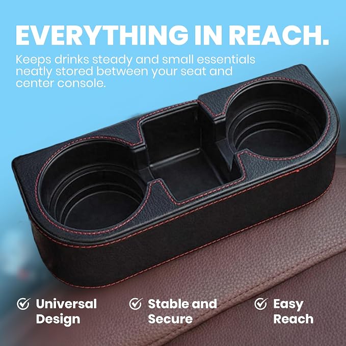 Car Cup Holder, Car Seat Gap Filler Organizer, PU Leather, Black - Image 2