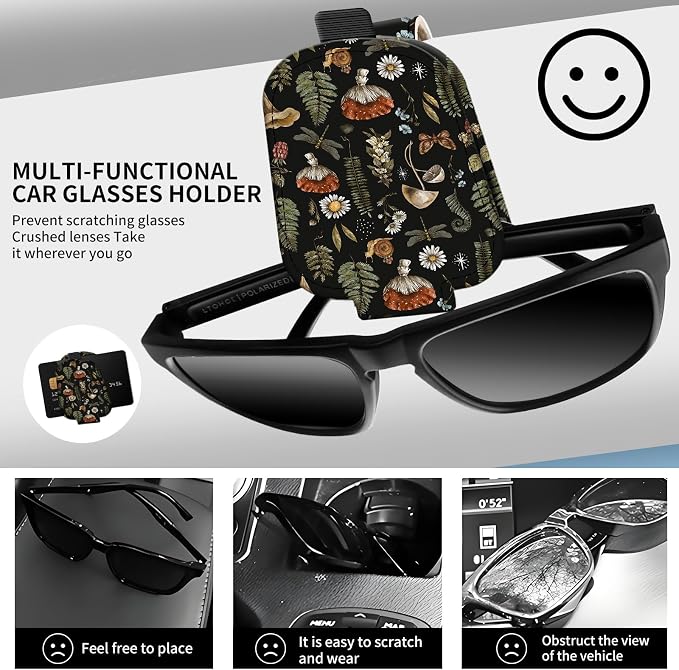 Leather Magnetic Sunglass Holder for Car Sun Visor, Cute Eyeglass Ticket Card Hanger Clip, Universal Auto Interior Accessories for SUV Pickup Truck Mushroom Forest - Image 2
