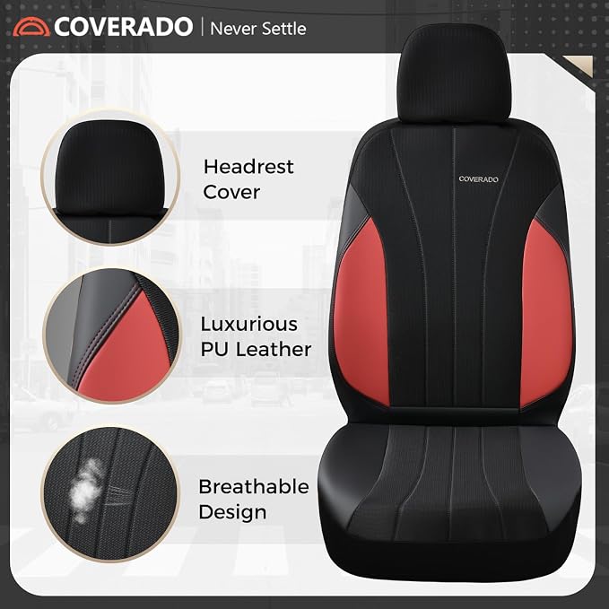 Coverado Seat Covers 2-Pack, Waterproof Car Seat Covers, PU Leather & Breathable Mesh Seat Protectors, 2 Seats Automotive Seat Covers, Universal Fit for SUVs, Trucks, Sedans - Image 6