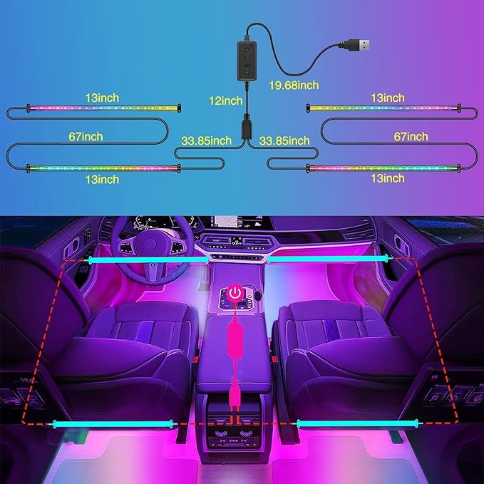Nilight 4PCS USB Car Interior Lights Dream Color App and Remote Control | 72LED 5V DC RGB-IC Music Car Neon Accent Light Strips Under Dash Lighting Kit with Sound Active Function - Image 4