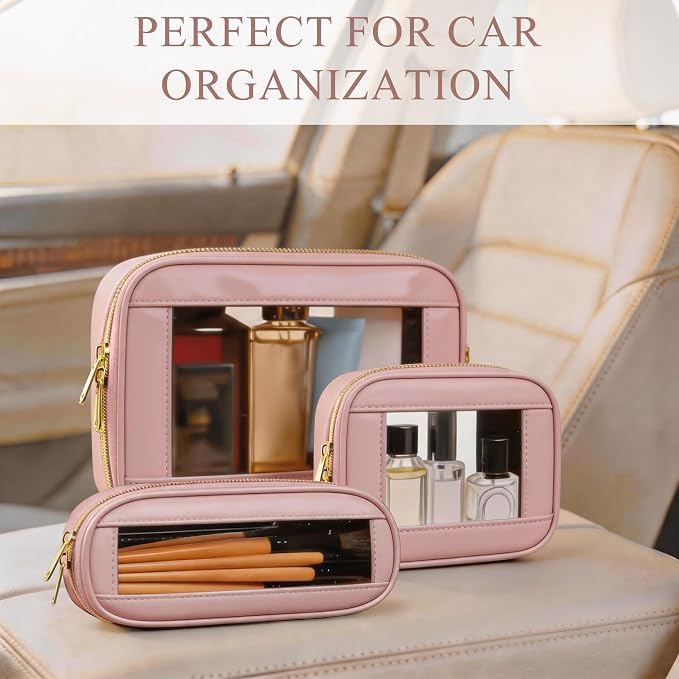 3-Piece Travel Clear Makeup Bag Set, Small Cosmetic Bag with Makeup Brush Case, Leather Waterproof TSA Approved Toiletry Bag with Zipper, Car Organization for Women (Pink-2, Mini+Slim+Medium) - Image 5