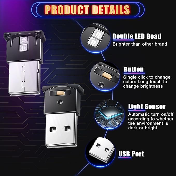 Frienda 6 Pieces Mini USB LED Car Light 8 Colors Atmosphere Lamp,Type A | Car LED Interior Lighting, 5v USB Atmosphere Light, Laptop Keyboard Office Decoration Night Lamp, Adjustable Brightness - Image 3