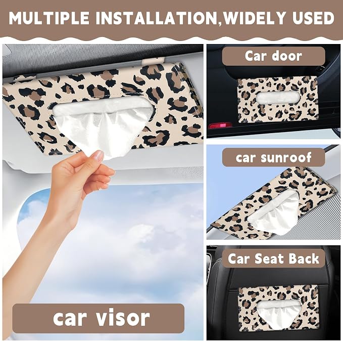 2 Pcs Sunglass Holder and 1Pcs Car Tissue Holder for Car,Magnetic Leather Sunglasses Holder Car Sun Visor Glasses Hanger Clip,Car Interior Accessories for Women(Light Brown Leopard Print) - Image 5