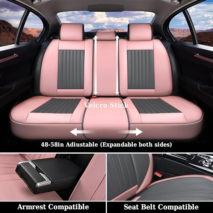 Coverado Car Seat Covers Full Set, Nappa Leather Seat Covers for Cars, Waterproof Car Seat Covers Front Seats and Back, Automotive Car Seat Protector Car Seat Cushion Fit for Most Cars (Pink&Grey) - Image 6