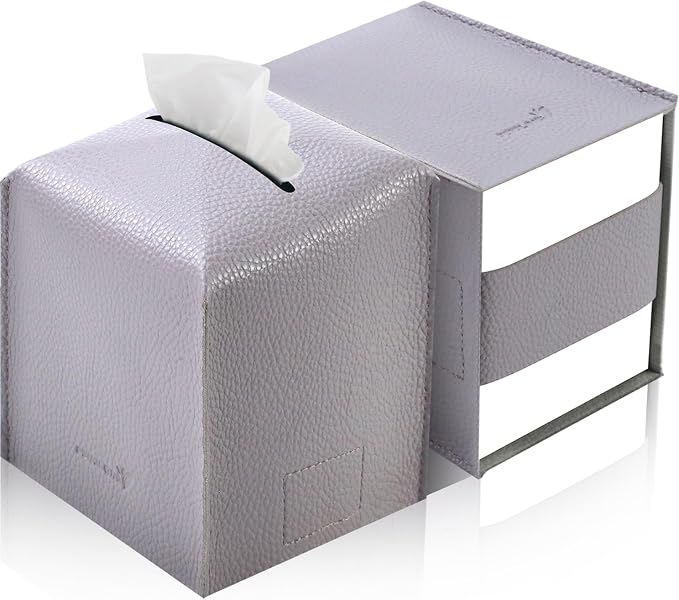 Tissue Box Cover 5X5X5'' PU Leather Tissue Holder Square Tissue Cube Box Organizer for Bathroom Vanity Countertop, Car, Night Stands, Office, Home, Kitchen (2Pack, Light Bray Purple) by PENGLONGHOMEDECORATION