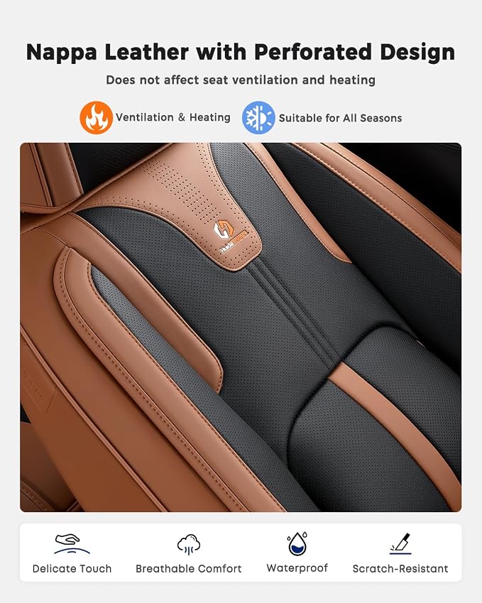 Huidasource Front Seat Covers Luxury Nappa Leather, Driver Seat Cover with Airbag, Front Storage Pocket, Lumbar Support, Cooling＆Heating, Seat Cover Universal Fit for Most Cars SUV Trucks, Brown&Black - Image 5