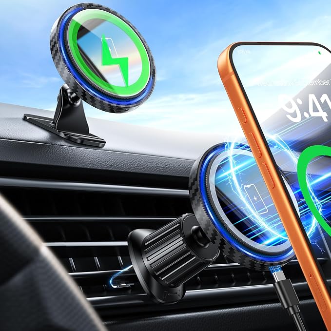 Magnetic Car Charger Mount 15W for iPhone 17-12 Pro Max | N52 Strong Magnets, 360° Rotation, Dashboard & Vent Mount, Compatible with Magnetic Cases, Gift for Men, Black by FSHYOS