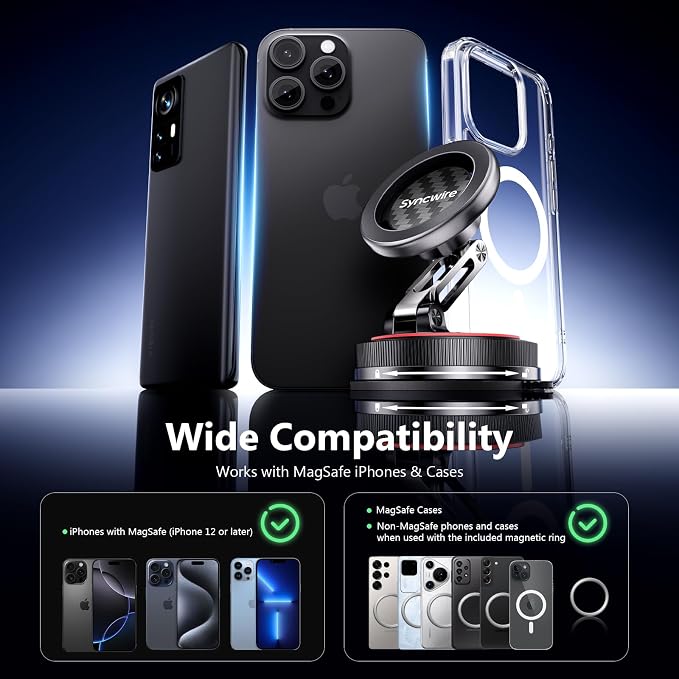 SYNCWIRE for MagSafe Car Mount [2-Axis Design] Nano Adhesive Gel + Suction Cup Magnetic Phone Holder for Dashboard & Windshield, 360° Adjustable for iPhone 17 16 15 14 13 12 11, Samsung, Carbon Fiber - Image 4