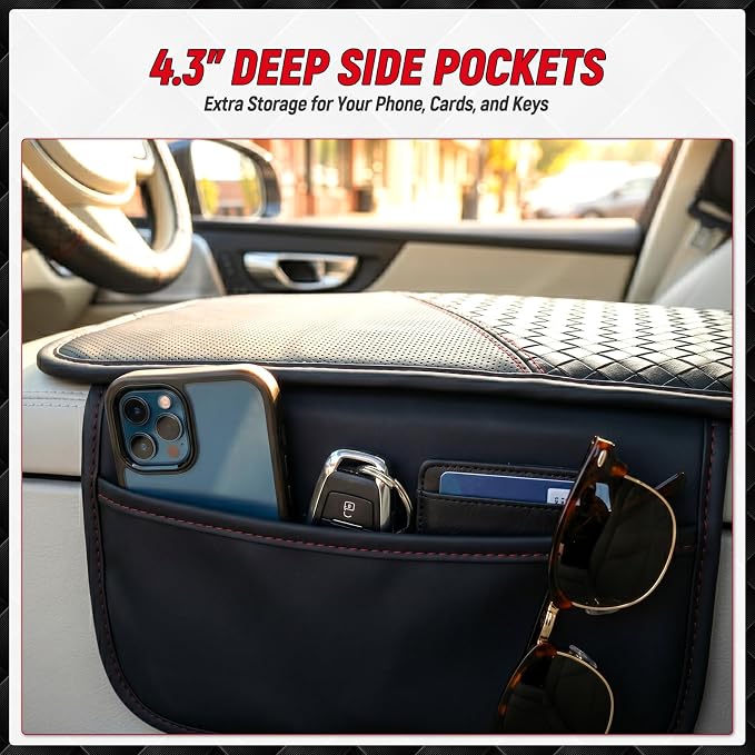 4 Pcs Black Leather Steering Wheel Cover Set - Center Console Armrest Pad, Seat Belt Shoulder Pads, Car Interior Accessories | Universal Fit 15 inch , Leather , Square Weave,with Side Storage Pockets - Image 6