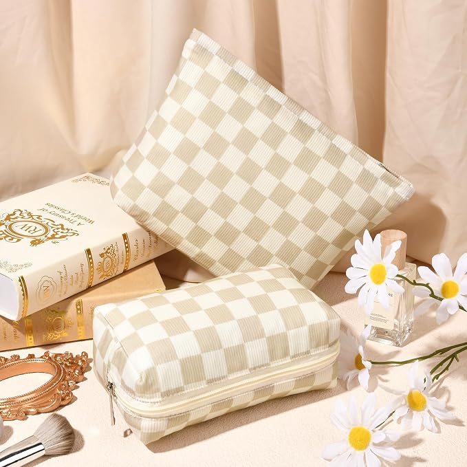 SOIDRAM 2 Pcs Checkered Makeup Bag Large Cosmetic Bag Toiletry Bag Makeup Pouch Travel Bag Organizer Cute Makeup Brushes Aesthetic Accessories Storage Bag for Women Brown Checkered - Image 5