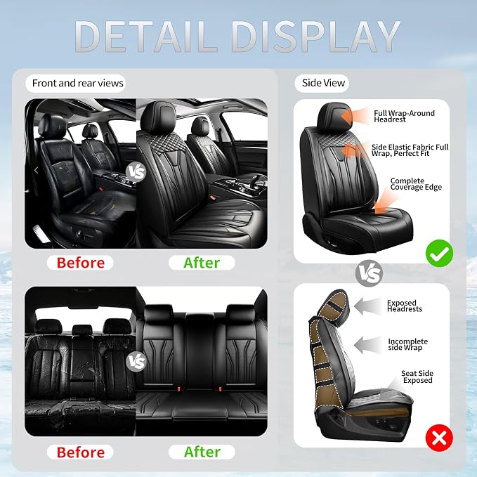 Fit Sienna Premium Leather Car Seat Covers for Toyota Sienna 2007-2025 2026 - Waterproof，Breathable，All-Weather Seat Cushion Protecto & Airbag Compatible, 2 Front Seat All Black - Image 5