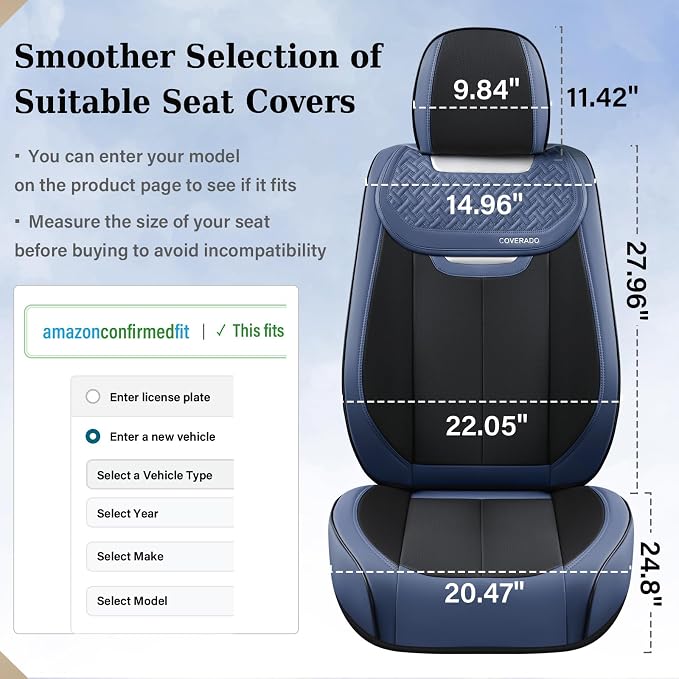 Coverado Front and Back Seat Covers for Cars, Nappa Leather Car Seat Covers Full Set, Waterproof Carseat Protector Seat Cushion, Luxury Automotive Seat Covers Universal Fit for Most Cars(Blue&Black) - Image 6