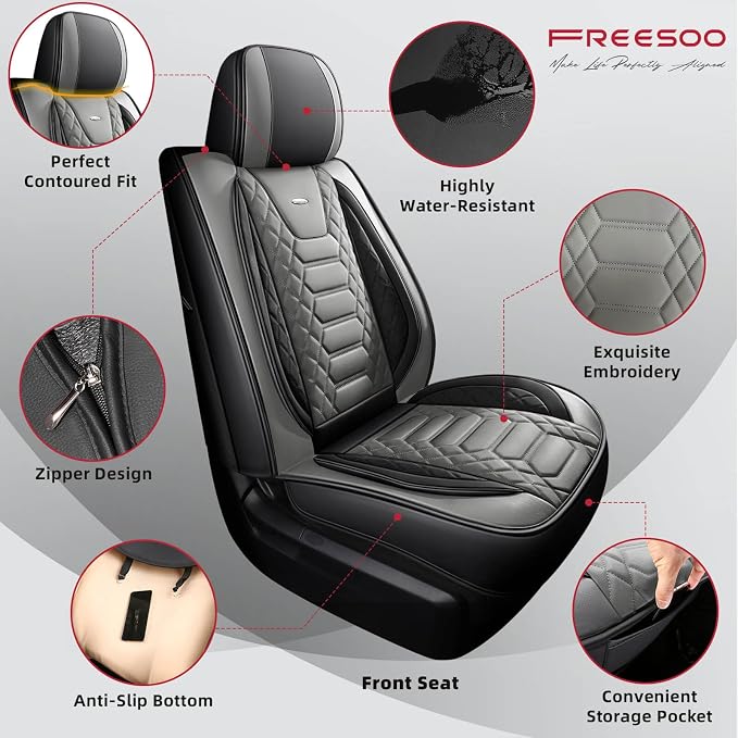 FREESOO Custom Leather for Toyota Tundra Seat Covers 2014-2021 Crewmax Cab | Custom Fit, Full Set, 60/40 Split Bench, Waterproof Faux Leather, for Truck Toyota Tundra Accessories, BlackGrey - Image 5