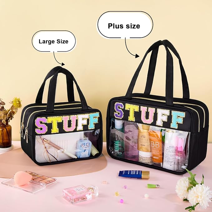 Clear Letter Makeup Bag, Black, L Size, Clear Bag | Large Capacity, Waterproof Easy Clean, Separate Wet Pocket, Holds Toiletries, Skincare, Sunscreen, Ideal for Beach, Travel - Image 2