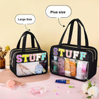 Clear Stuff Bag, Zipper Makeup Bag Chenille Letter Cosmetic Pouch | Extra Large, Waterproof Easy Clean, Separate Wet Pocket, Holds Toiletries, Skincare, Sunscreen, Ideal for Beach, Travel - Image 2