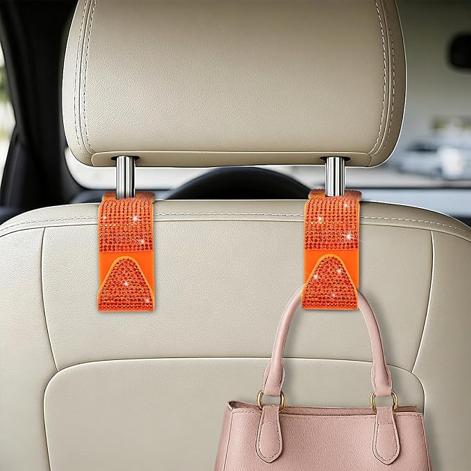 HZEL 4PCS Crystal Rhinestone Vehicle Headrest Hooks for Bags, Orange | plastic and rhinestone build, snap-on headrest mounting, holds bags and umbrellas, uses seatback space, fits vehicles - Image 3
