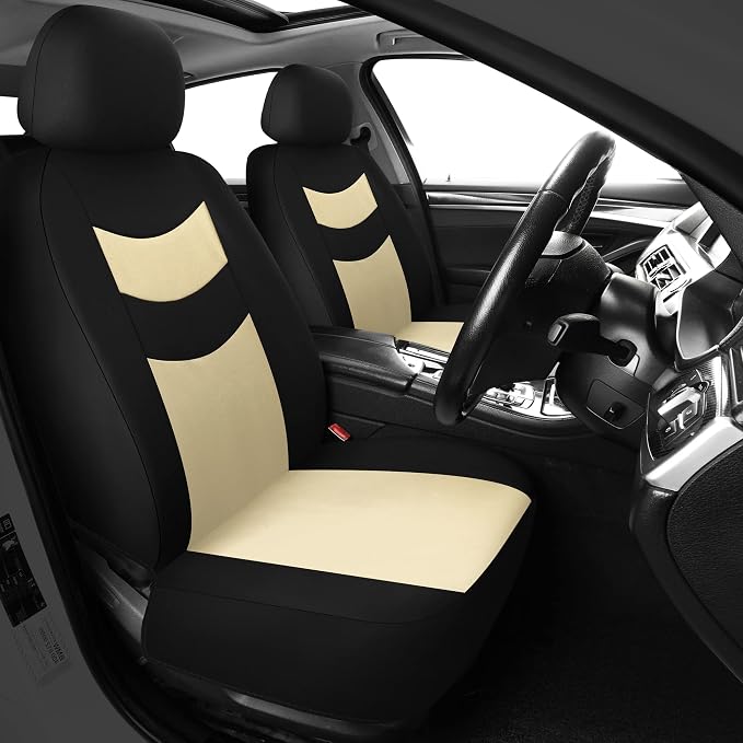 Universal Car Seat Covers for Front Seats, Cloth Front Car Seat Cover, Easy to Install, Breathable and Washable Universal Interior Covers for Auto, SUV, Sedan, Van, Airbag Compatible, Black & Beige by Tapha