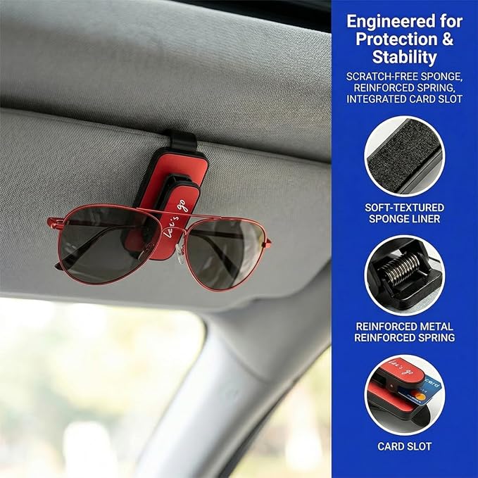 2PCS Sunglass Holder for Car Sun Visor, Metal Multi-Functional Automotive Eyeglass & Ticket Card Organizer Clip, Non-Slip Vehicle Interior Storage Accessories for SUV Truck (Red) - Image 3