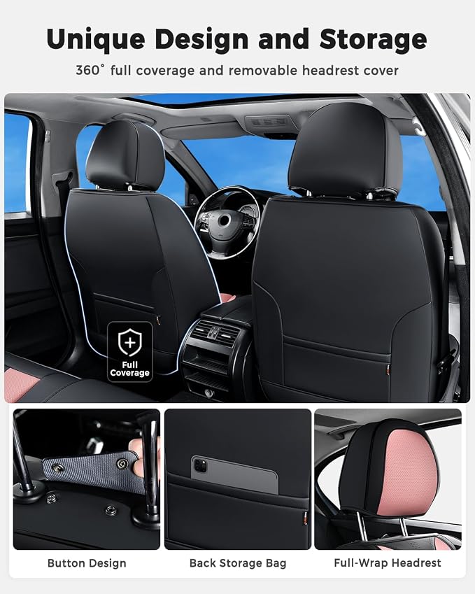 Huidasource Car Seat Covers Front Seats Luxury Nappa Leather, Front Seat Covers with Airbag, Front Storage Pocket, Lumbar Support, Cooling＆Heating, Universal Fit for Most Cars SUV Trucks, Black&Pink - Image 4