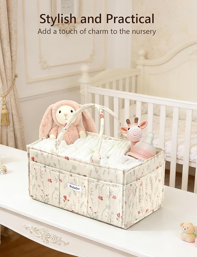 Quilted Floral Diaper Caddy Organizer, Nursery Storage Basket with Dividers | Waterproof Caddy with Sturdy Handles, Portable for Changing Table or Car, Newborn Essentials, Baby Shower Gifts - Image 7