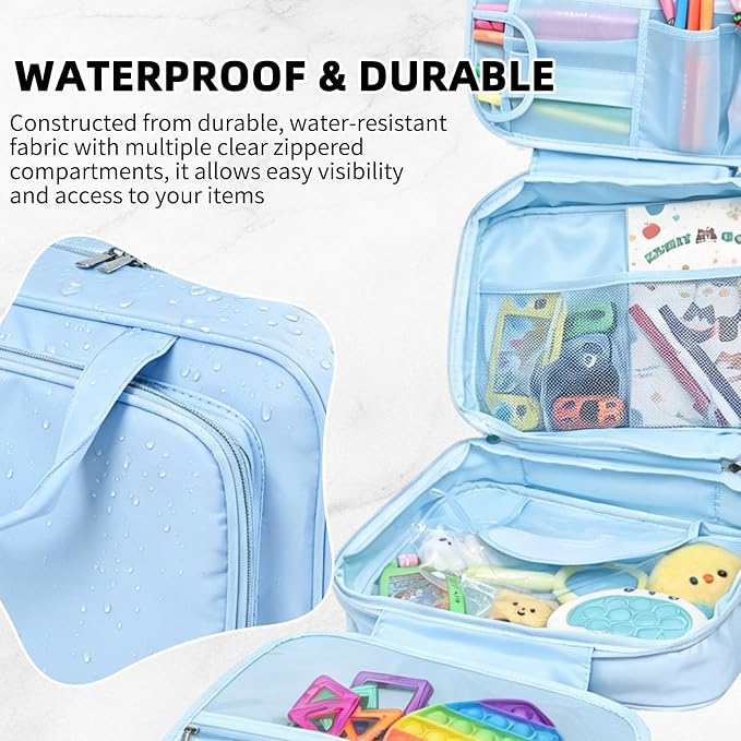 Travel Organizer, Portable Storage Bag for Toys, Snacks, & Activities, Travel Waterproof Organizer Bags with Hook & Carry Handle, Multi-Compartment (Blue) - Image 4