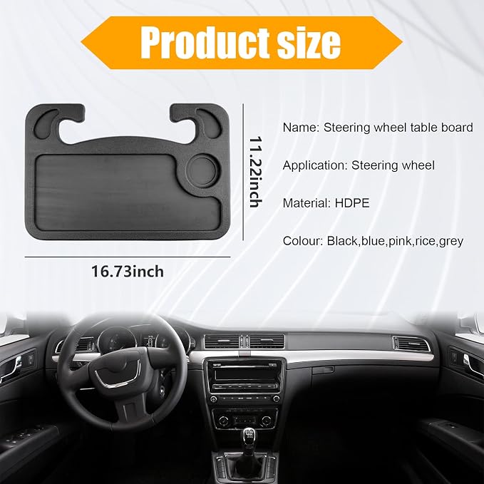 Dickno Car Steering Wheel Desk, Multipurpose Auto Steering Wheel Tray with Drink Holder, Steering Wheel Food Tray for Eating, Universal Vehicle Travel Accessories for Constant Travelers (Black) - Image 2