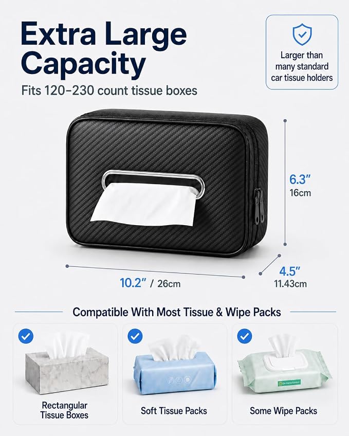 Carbon Fiber Texture Car Tissue Holder, Extra Large Car Tissue Box Holder for 120–230 Count Rectangular Tissue Boxes, Wider Opening, Dual Zipper, Fits Headrests, Consoles, and Seat Backs - Image 2