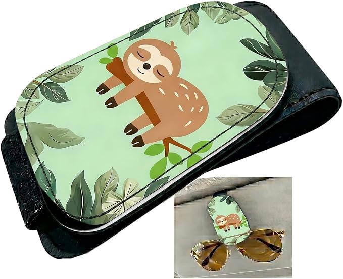 Sloth Car Sunglasses Holder Universal Magnetic Visor Accessories | Cute Sloth Cars Accessories Leather Glasses Clip for Sun Visor Eyeglass Hanger Organizer for Women and Men Gifts Decor by TRXYQ
