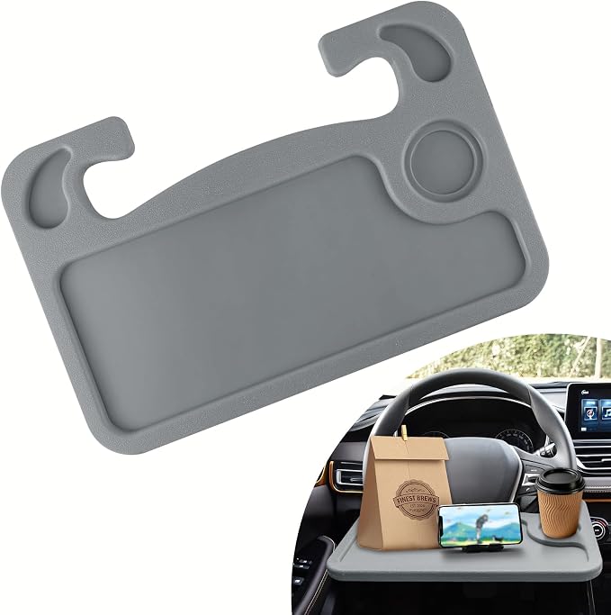 Car Steering Wheel Desk, Portable Car Tray, Durable Multi-Functional Travel Workstation with Cup Holder, Car Essentials Portable Laptop Tray & Eating Table for Most Vehicles Road Trip (Grey) by Unknown