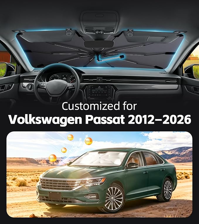 Windshield Sunshade for Volkswagen Passat 2012-2026 with 360°Rotating Shaft | Custom Fit Umbrella Sunshade for UV Blocking, Interior Heat Protection, Easy Storage, UPF 50+ Cool Windshield Cover - Image 2